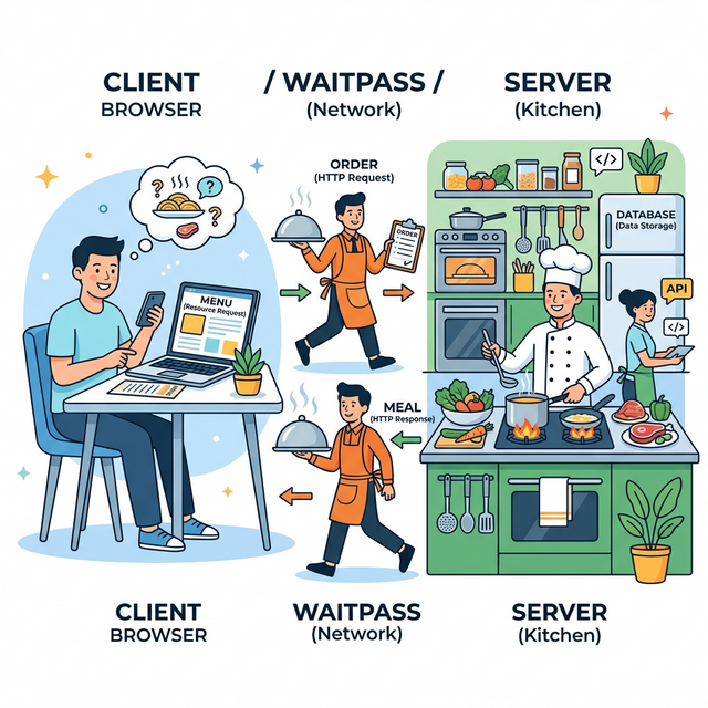 Схема клиент-серверной архитектуры на примере ресторана